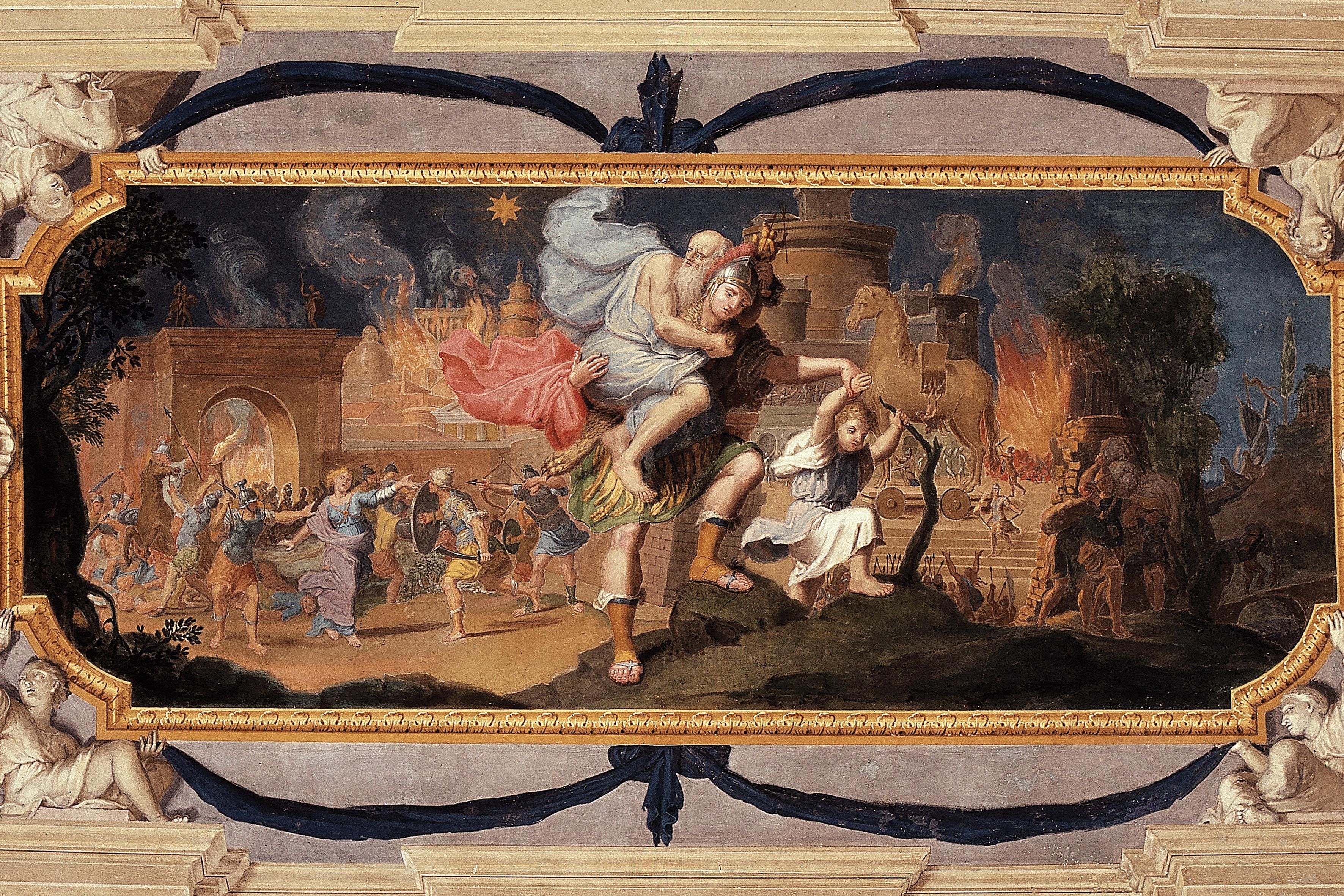Affresco raffigurante Enea che conduce il vecchio Anchise e il Figlio di Ascanio fuori da Troia in fiamme - sec. XVIII - Volta della 3° stanza